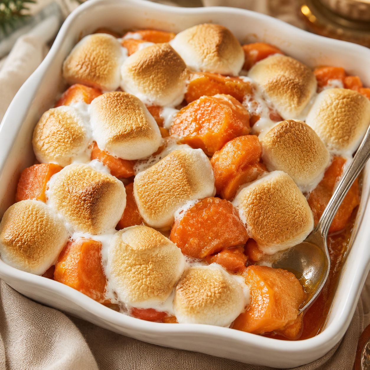 Sweet potatoes with toasted marshmallows in a white baking dish