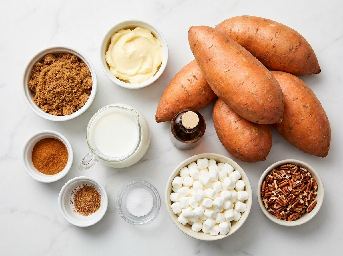 Ingredients for sweet potatoes with marshmallows on a wooden surface