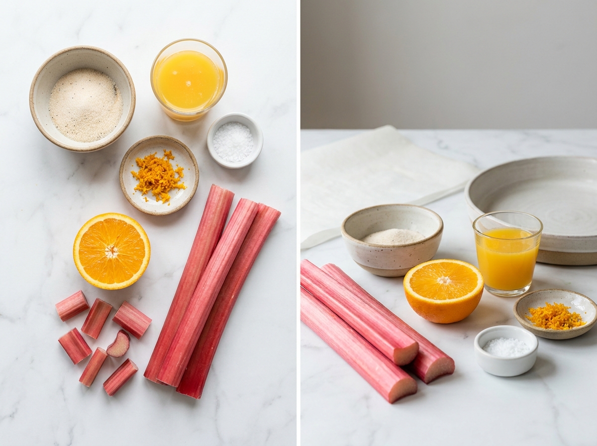 Rhubarb, vanilla sugar, orange juice, zest, and sea salt on a wooden table
