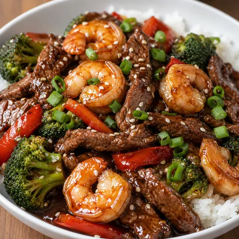 Hoisin beef and shrimp stir-fry with broccoli, bell pepper, and rice