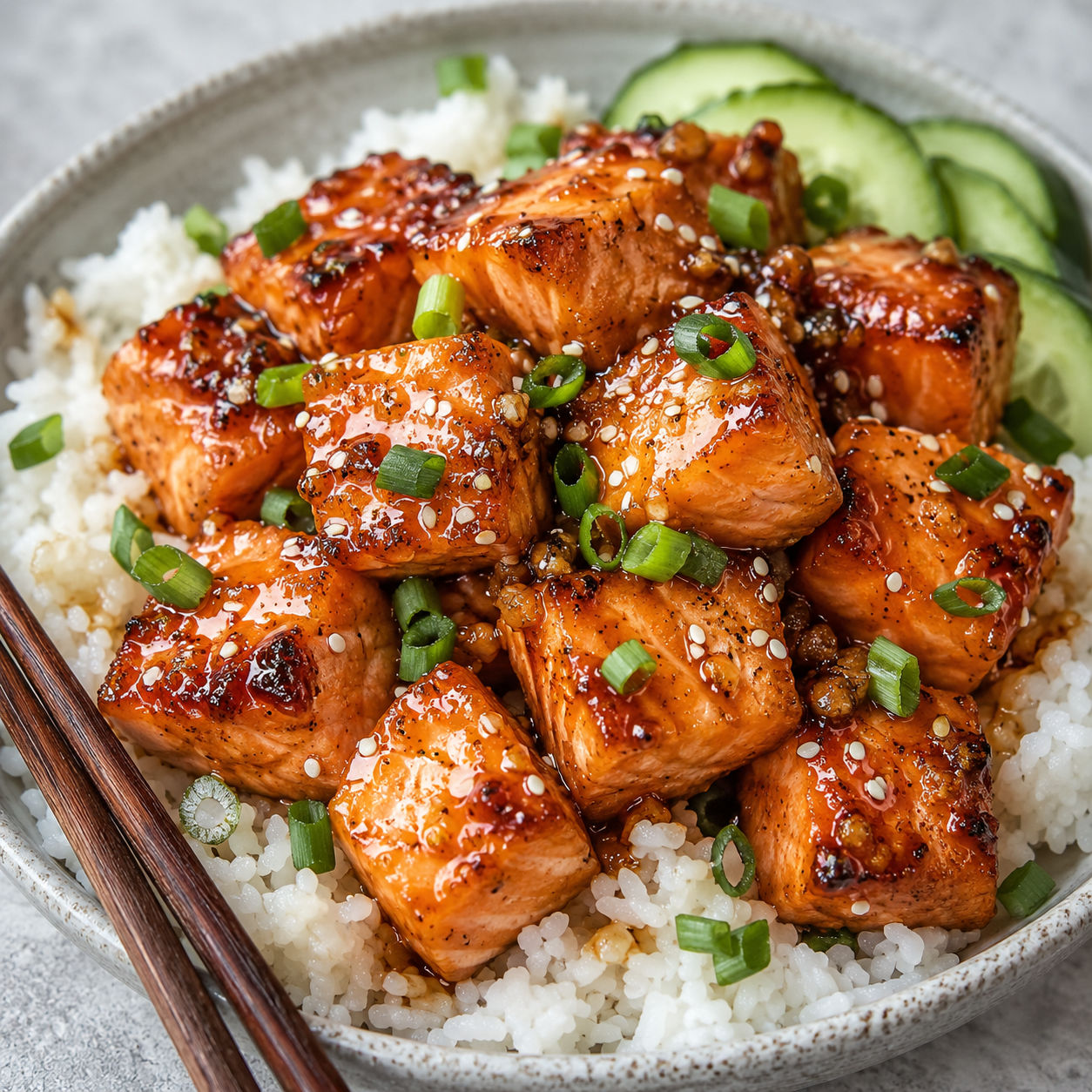 Honey garlic salmon bites over rice with sesame seeds and green onions