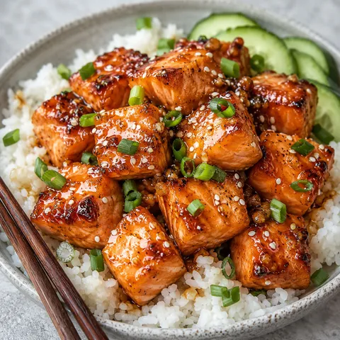 Honey garlic salmon bites over rice with sesame seeds and green onions