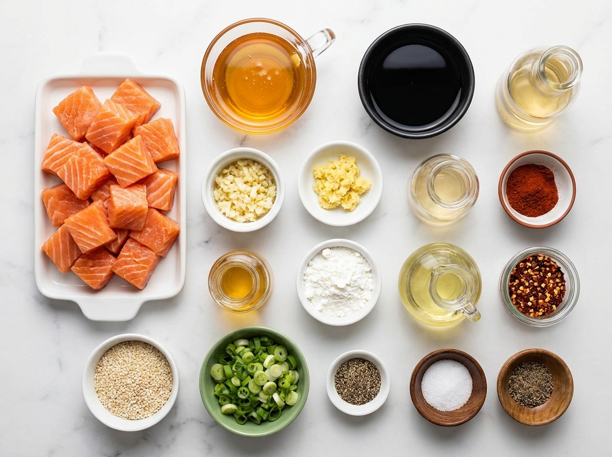 Raw salmon, honey, garlic, soy sauce, ginger and garnishes for salmon bites