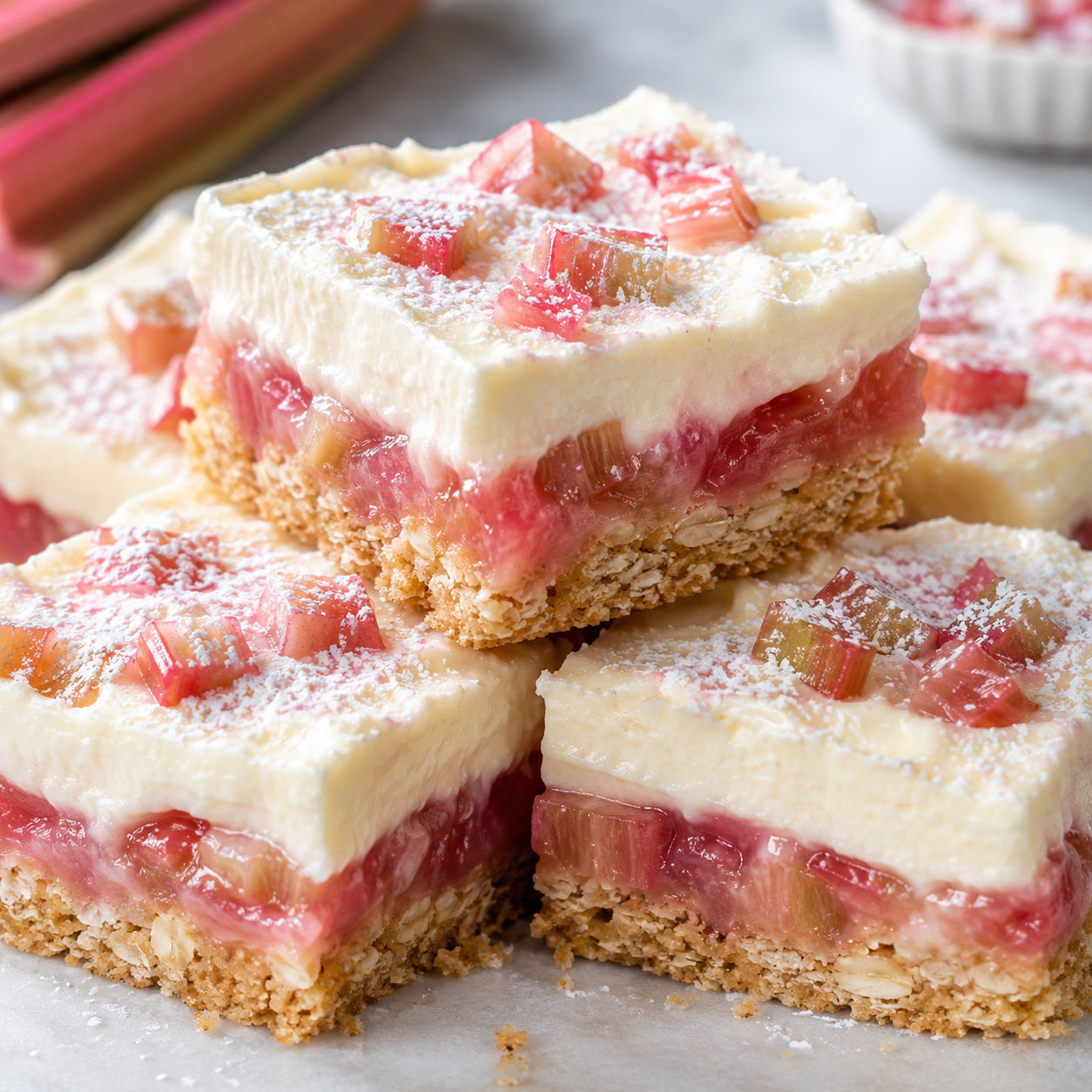 Rhubarb bars with creamy topping and a pink fruit layer