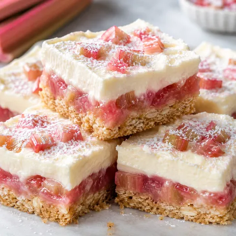 Rhubarb bars with creamy topping and a pink fruit layer