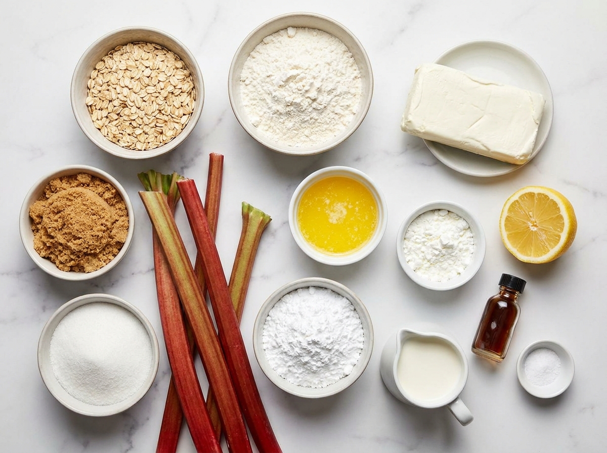 Rhubarb bar ingredients with oats, cream cheese, lemon, and butter