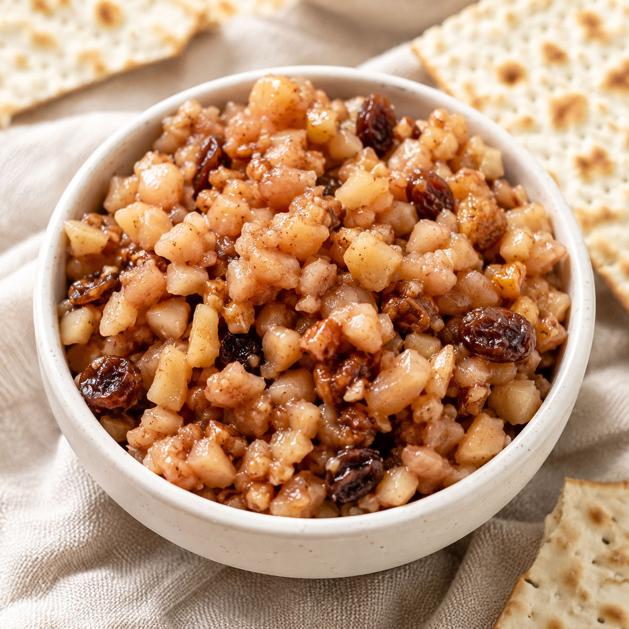 Apple walnut Passover charoset in a white bowl with matzo