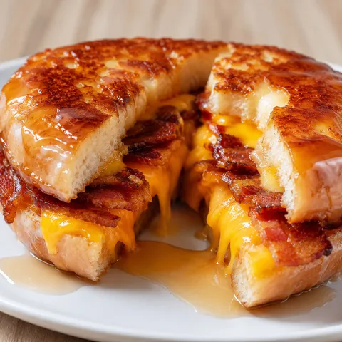 Sweet and savory donut grilled cheese with bacon and maple drizzle cut in half