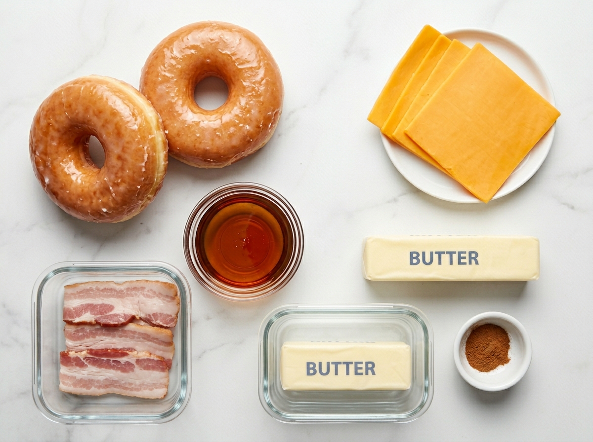 Raw ingredients for donut grilled cheese with glazed donuts, cheddar, and bacon