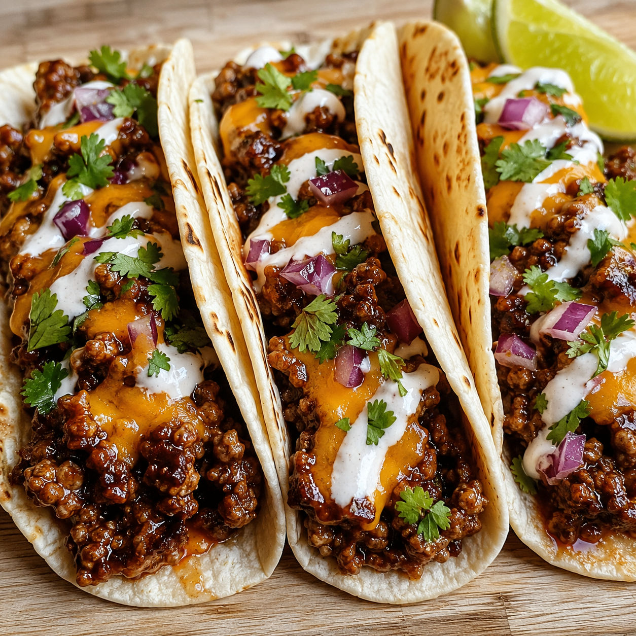 Honey BBQ beef tacos with cheddar, red onion, cilantro, sour cream, and lime