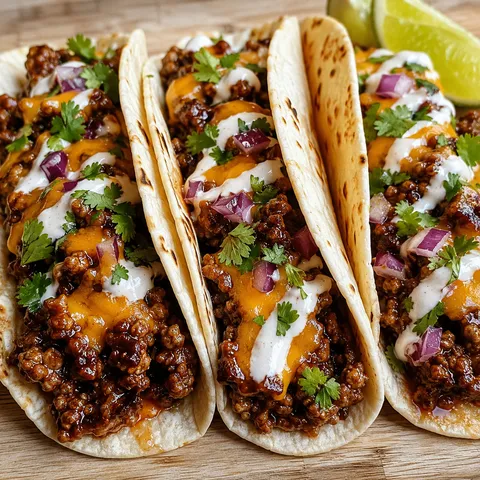 Honey BBQ beef tacos with cheddar, red onion, cilantro, sour cream, and lime