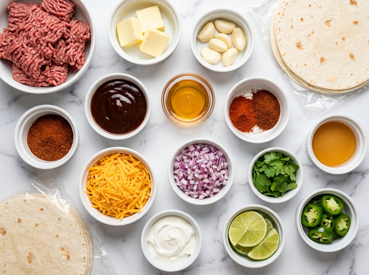 Ingredients for honey BBQ beef tacos with tortillas, cheese, garlic, lime, and herbs