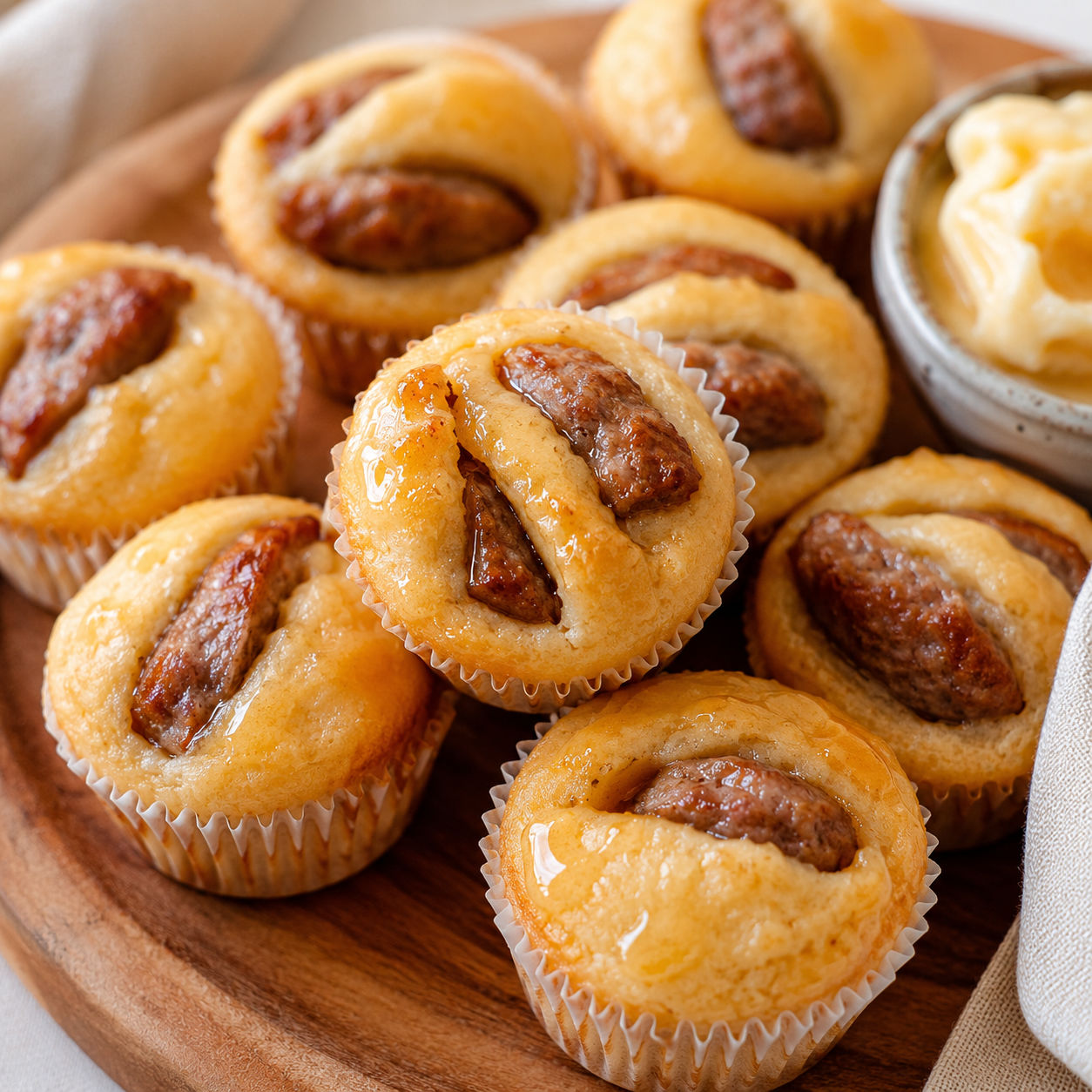Golden sausage pancake bites with maple butter on a breakfast plate