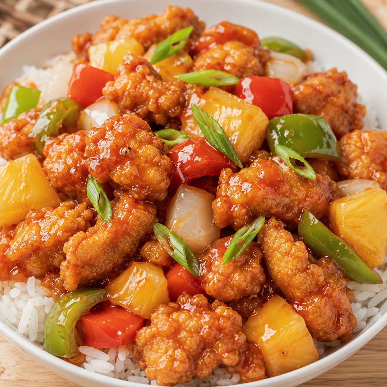 Sweet and Sour Chicken with pineapple, bell peppers, and scallions over rice