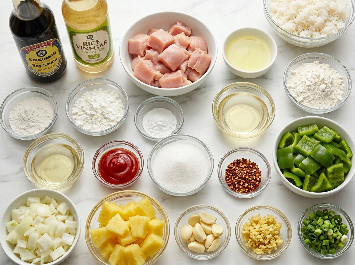 Raw ingredients for Sweet and Sour Chicken with peppers, pineapple, and sauce bowls
