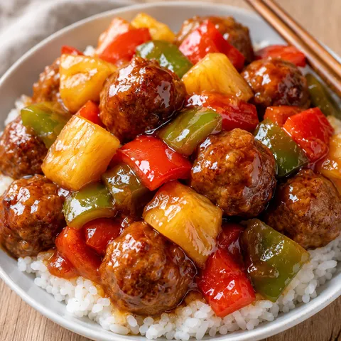 Sweet and sour meatballs with pineapple and bell peppers over rice