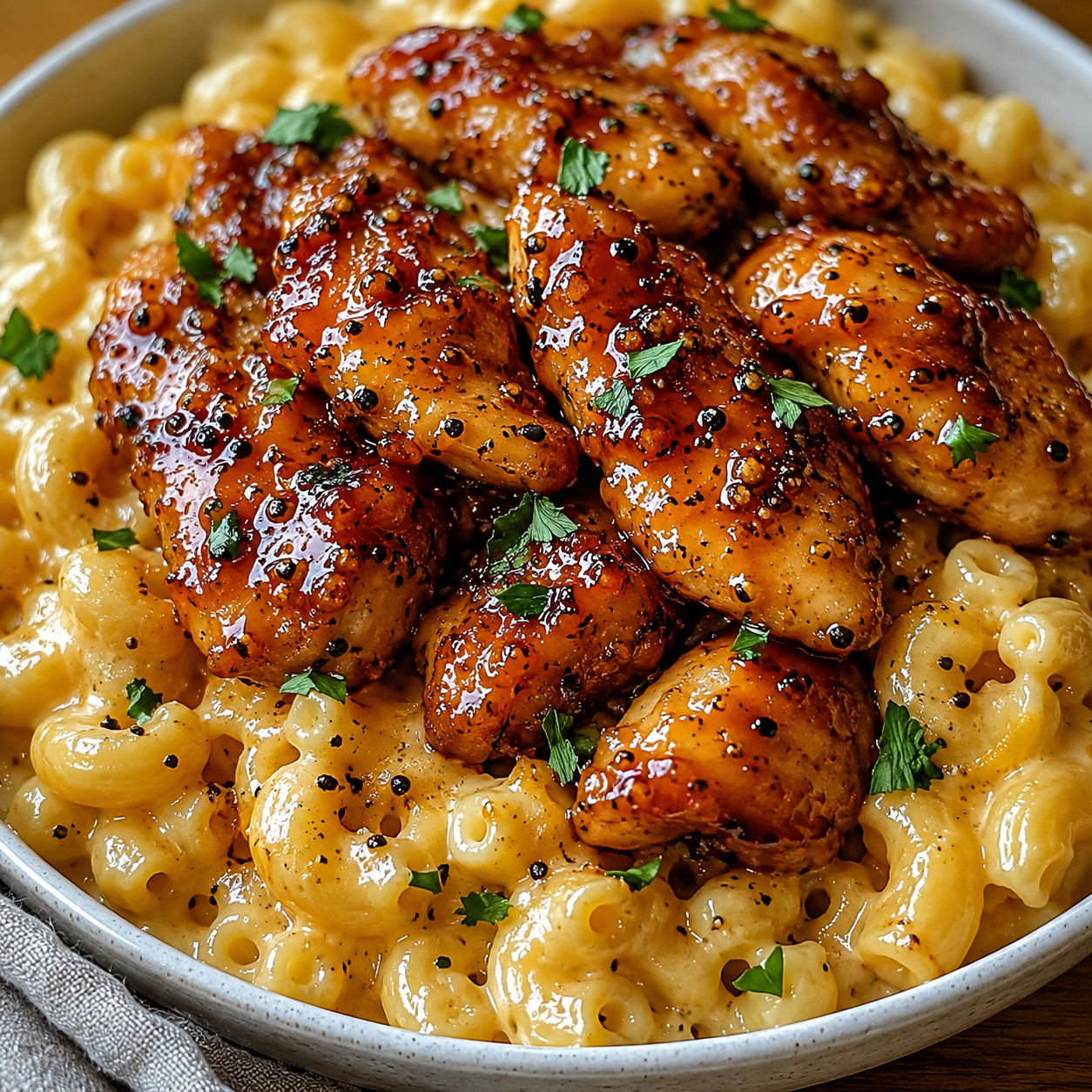 Honey pepper chicken over creamy macaroni and cheese with parsley