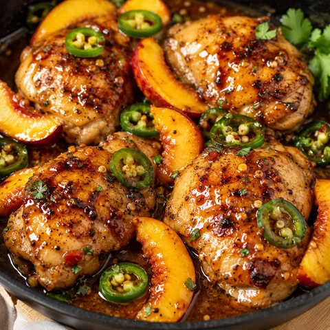 Jalapeno peach glazed chicken thighs with peach slices in a skillet
