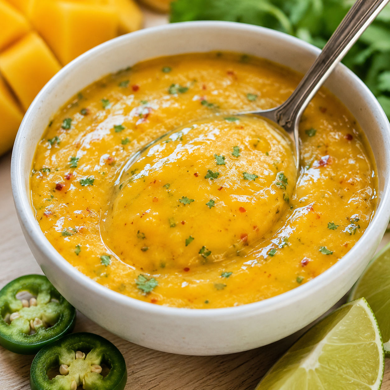 Golden mango salad dressing with cilantro, lime, and jalapeno