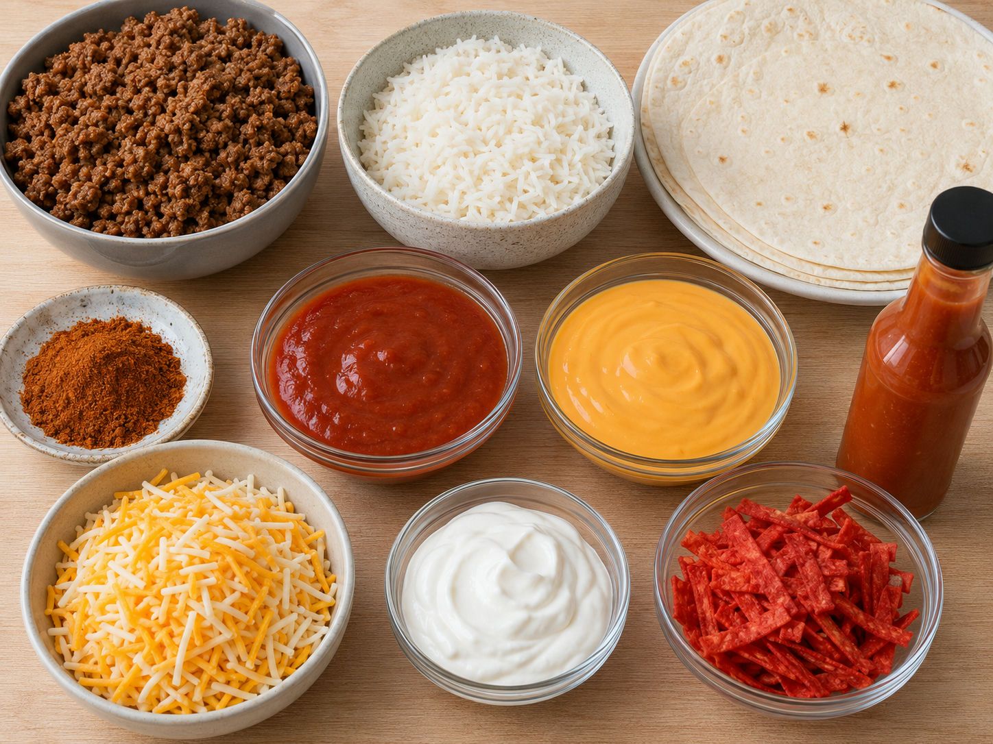 Ingredients for beefy melt burritos with beef, rice, tortillas, cheese, and sour cream