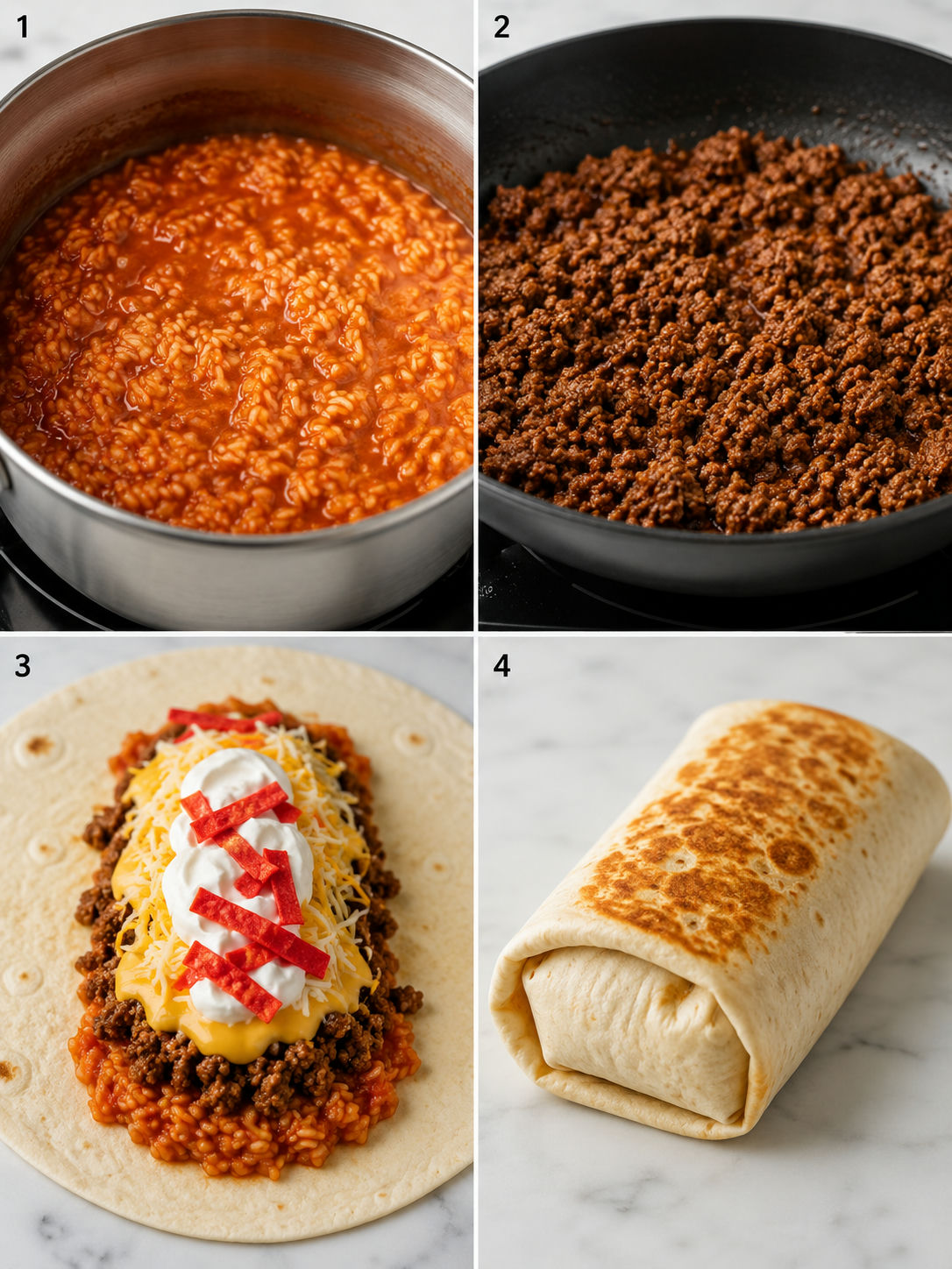 Four-step cooking grid showing rice toasting, beef browning, nacho cheese melting, and burrito being assembled