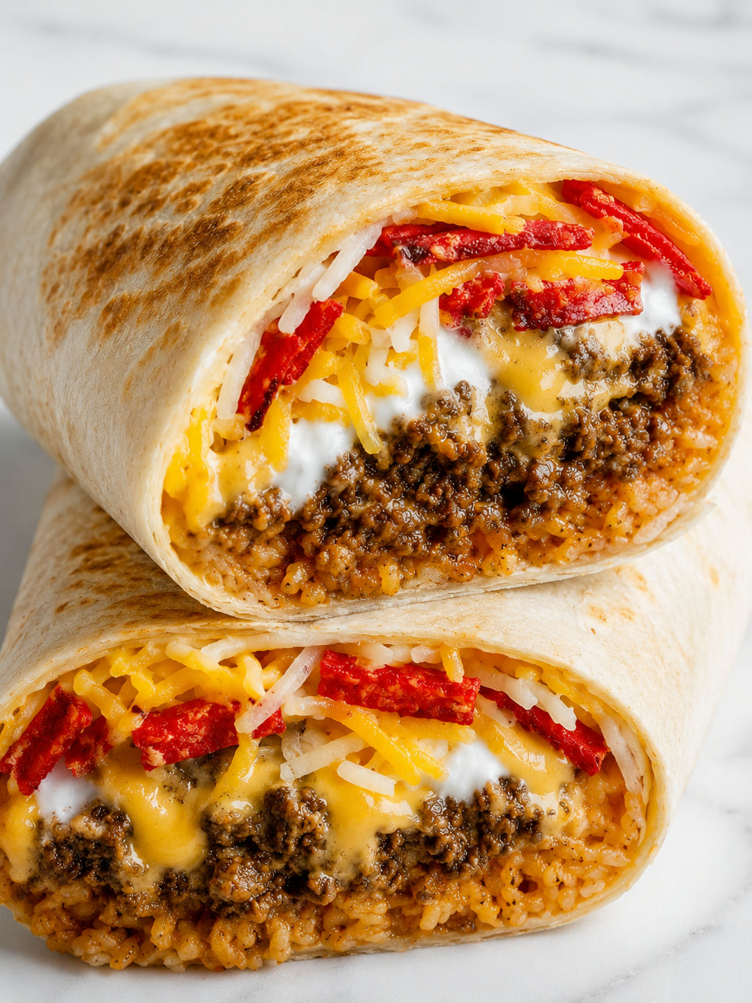 Overhead view of halved beefy melt burrito showing cheesy beef, Mexican rice, and nacho cheese filling