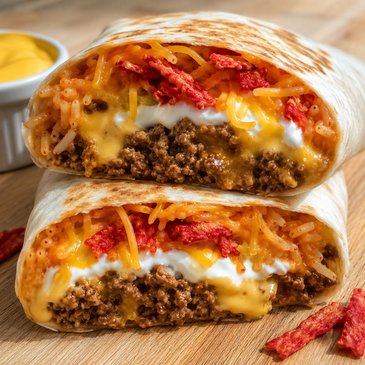 Beefy melt burrito with cheddar, nacho cheese, rice, and crunchy strips