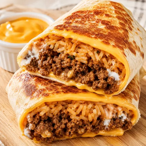 Cheesy beef quesarito cut in half with rice and chipotle sauce