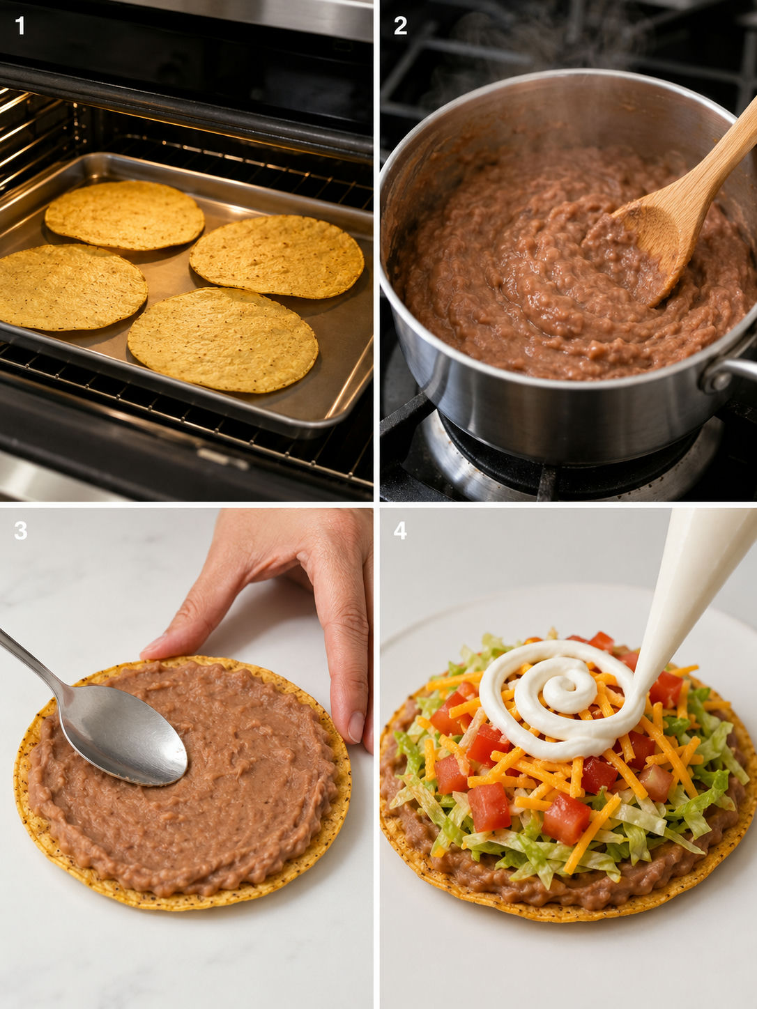 Four-panel step grid showing tostada shells warming in the oven, beans heating on the stove, beans being spread, and sour cream piped on the finished tostada
