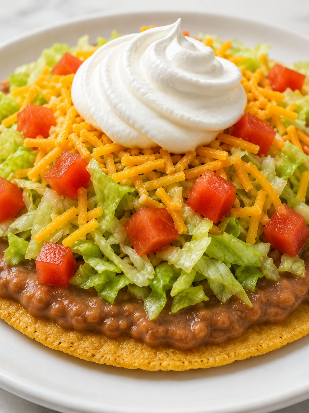Close-up Taco Bell copycat tostada with layered refried beans, lettuce, tomato, cheddar, and sour cream swirl filling the frame