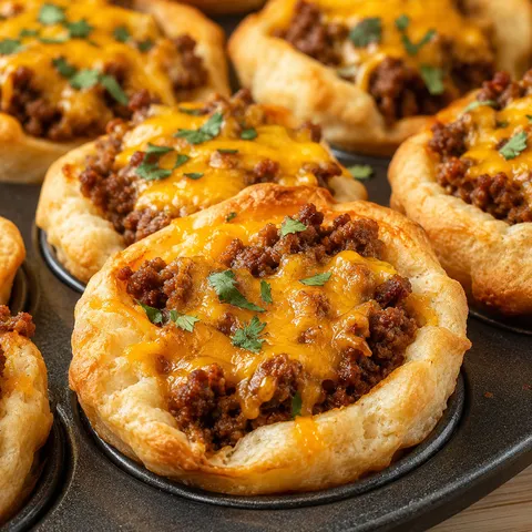 Golden taco biscuit cups with melted cheddar and seasoned beef in a muffin tin