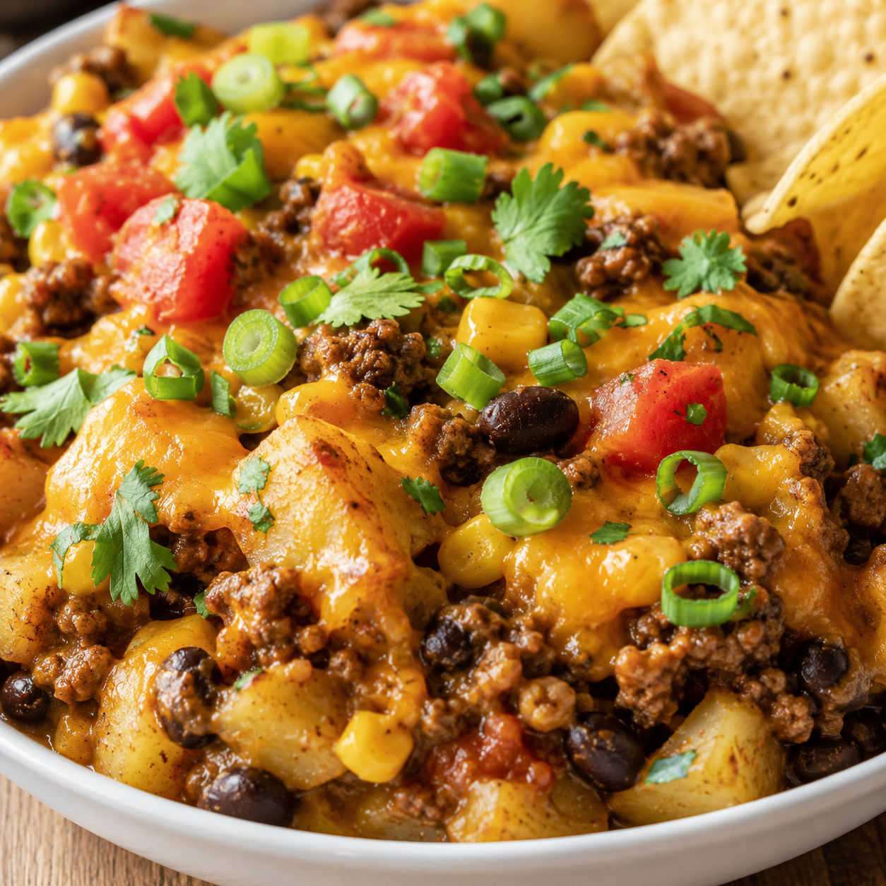 Taco hashbrown casserole with beef, cheese, cilantro, and tomatoes