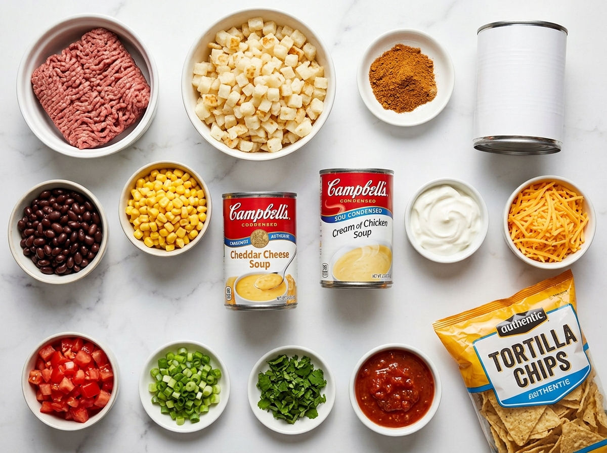 Ingredients for taco hashbrown casserole arranged on a wood counter