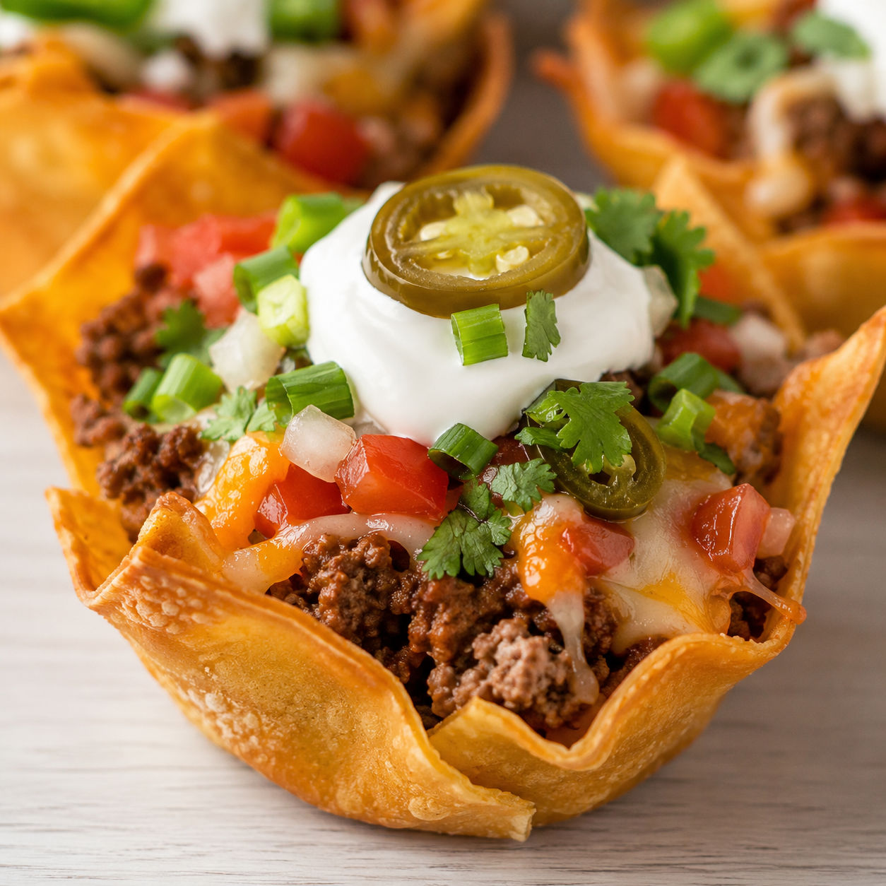 Taco cupcakes with crispy wontons, beef, cheese, salsa, and sour cream