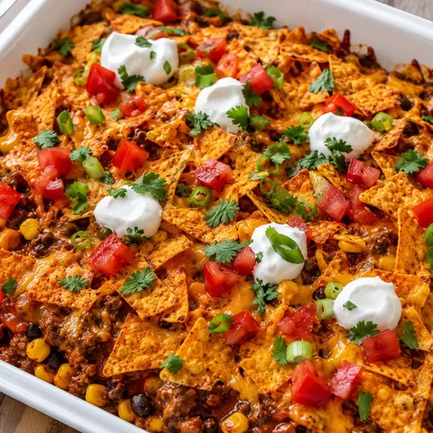 Taco Doritos casserole with beef, corn, melted cheese, and crisp chips