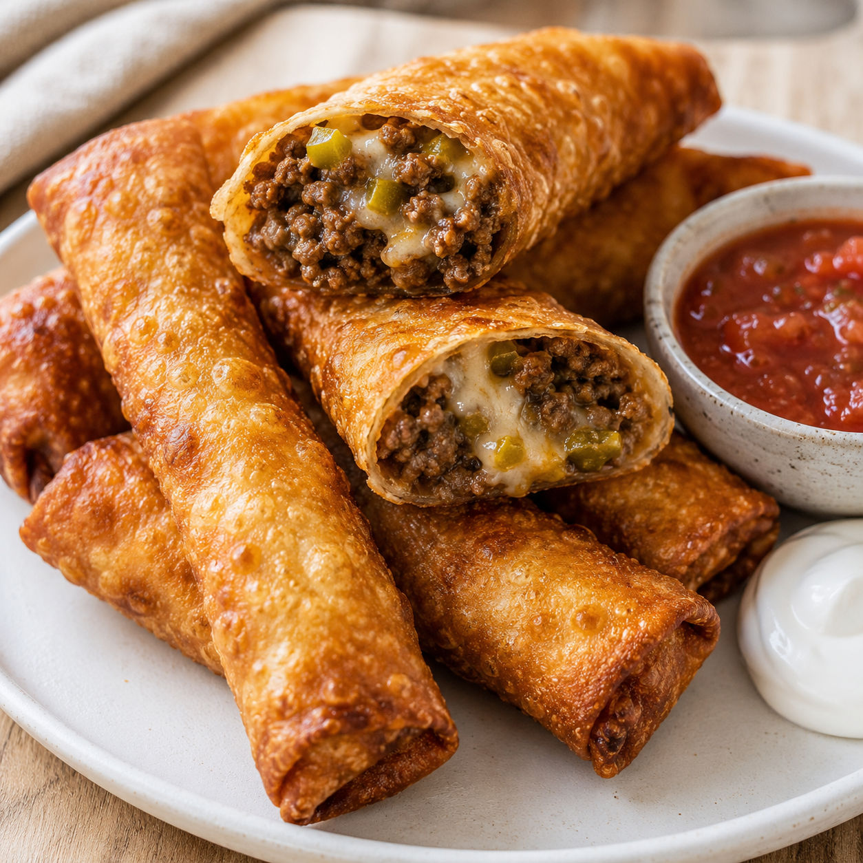 Crispy golden taco egg rolls stacked on a plate with salsa and sour cream