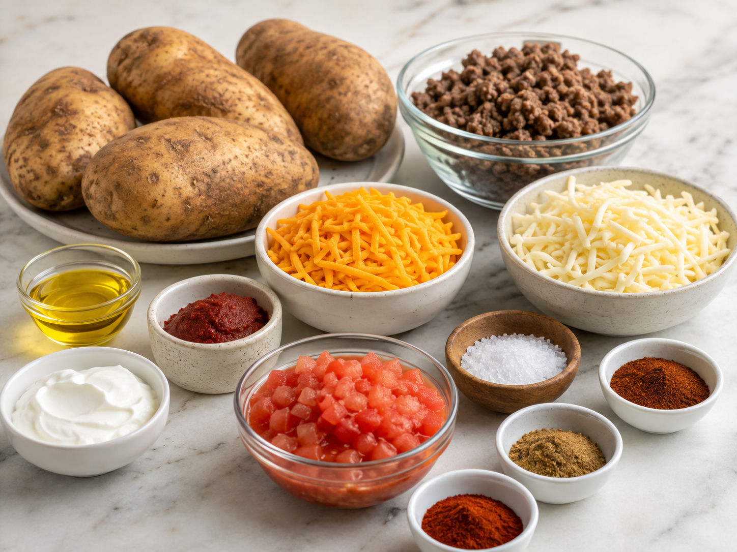 Ingredients for Taco Loaded Baked Potatoes laid out
