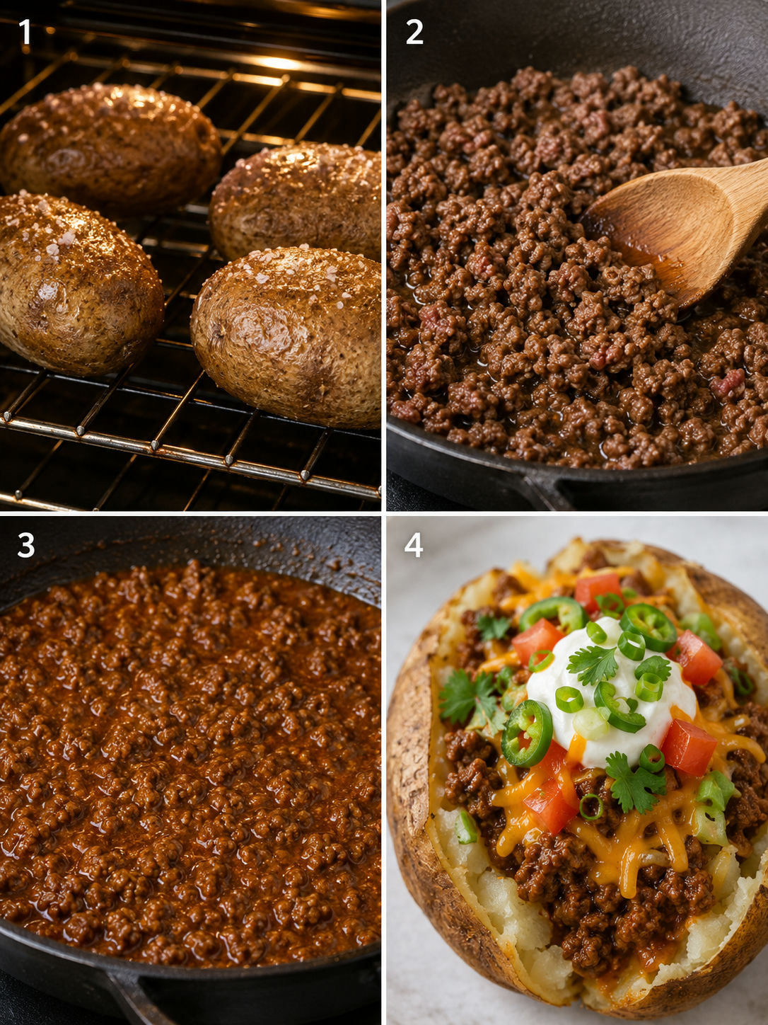 Four steps for making taco loaded baked potatoes