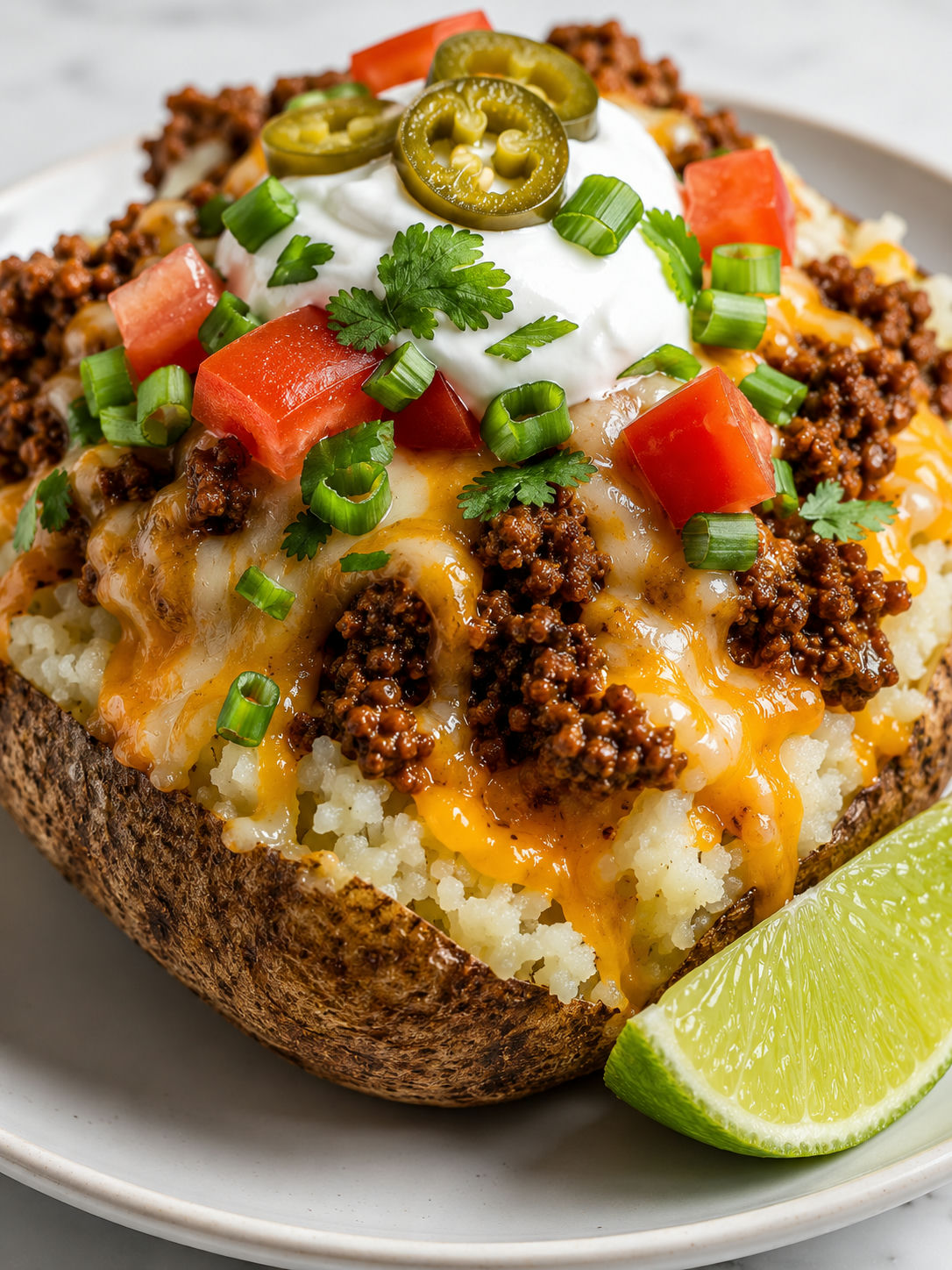 Loaded taco baked potato with melted cheese, sour cream, tomatoes, and jalapenos