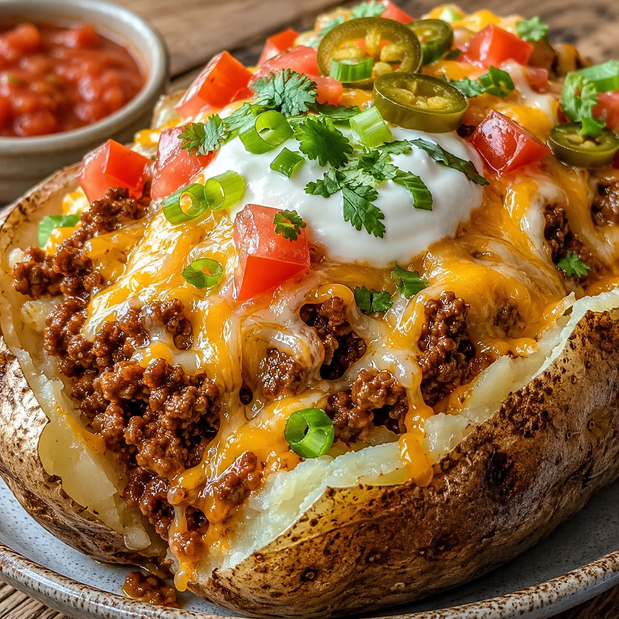 Taco loaded baked potato with beef, melted cheese, sour cream, and tomatoes