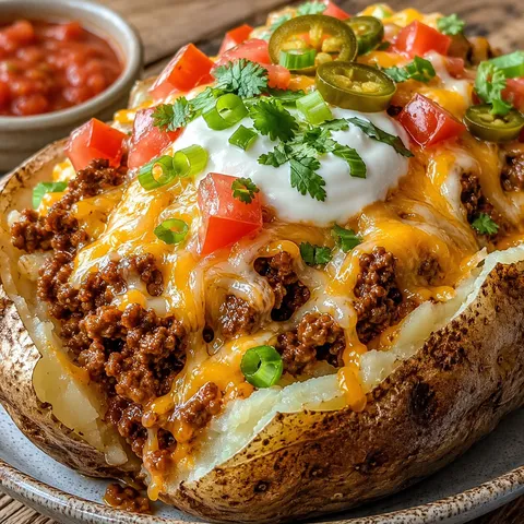 Taco loaded baked potato with beef, melted cheese, sour cream, and tomatoes