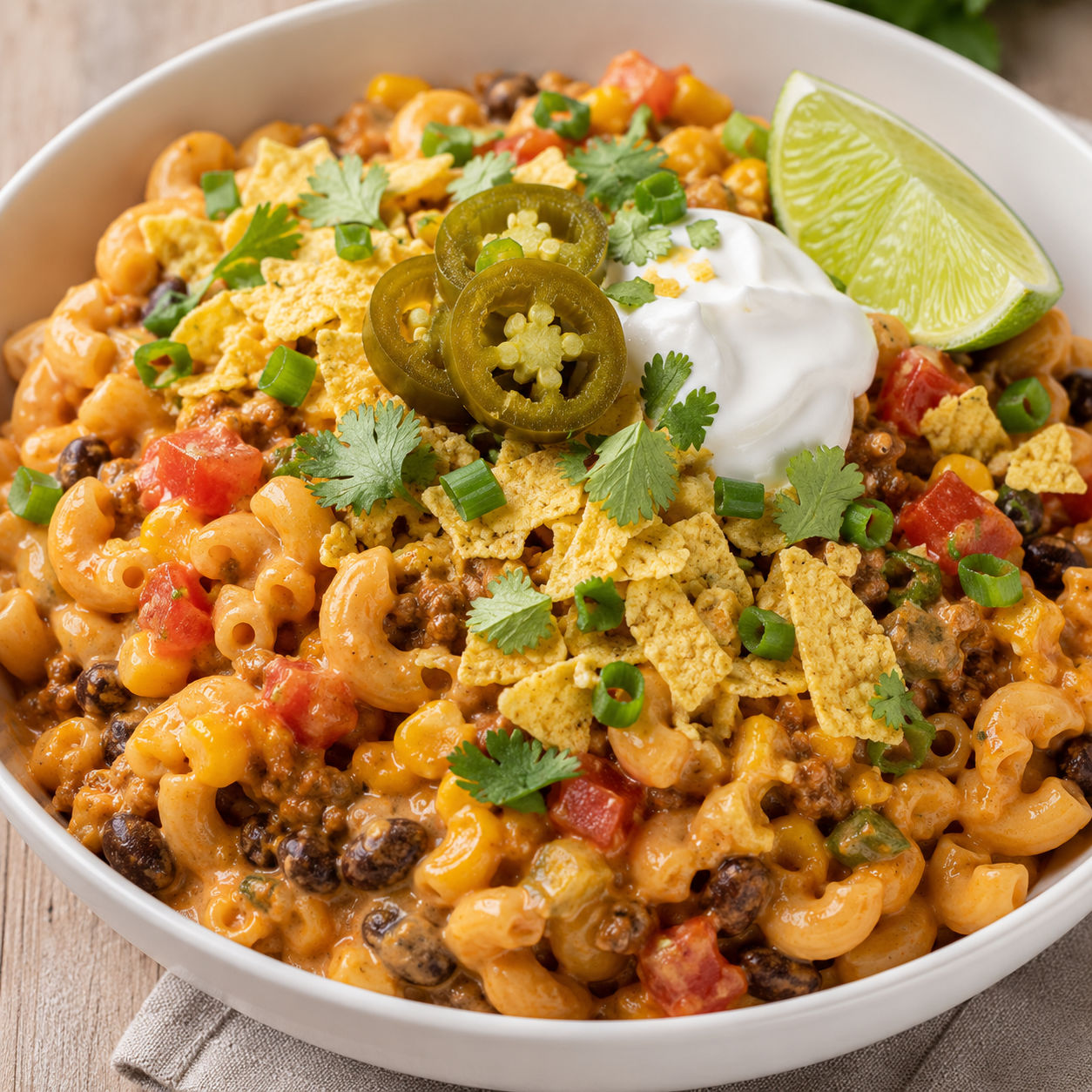 Taco macaroni and cheese with beef, beans, corn, chips, and cilantro