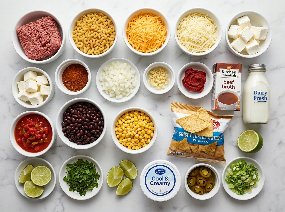 Ingredients for taco macaroni and cheese with beef, pasta, cheese, beans, and corn