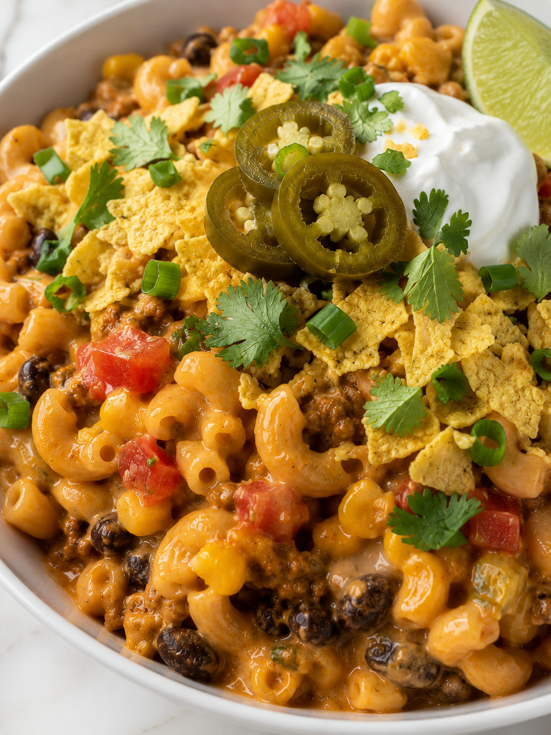 Taco Macaroni and Cheese Fiesta, plated and served