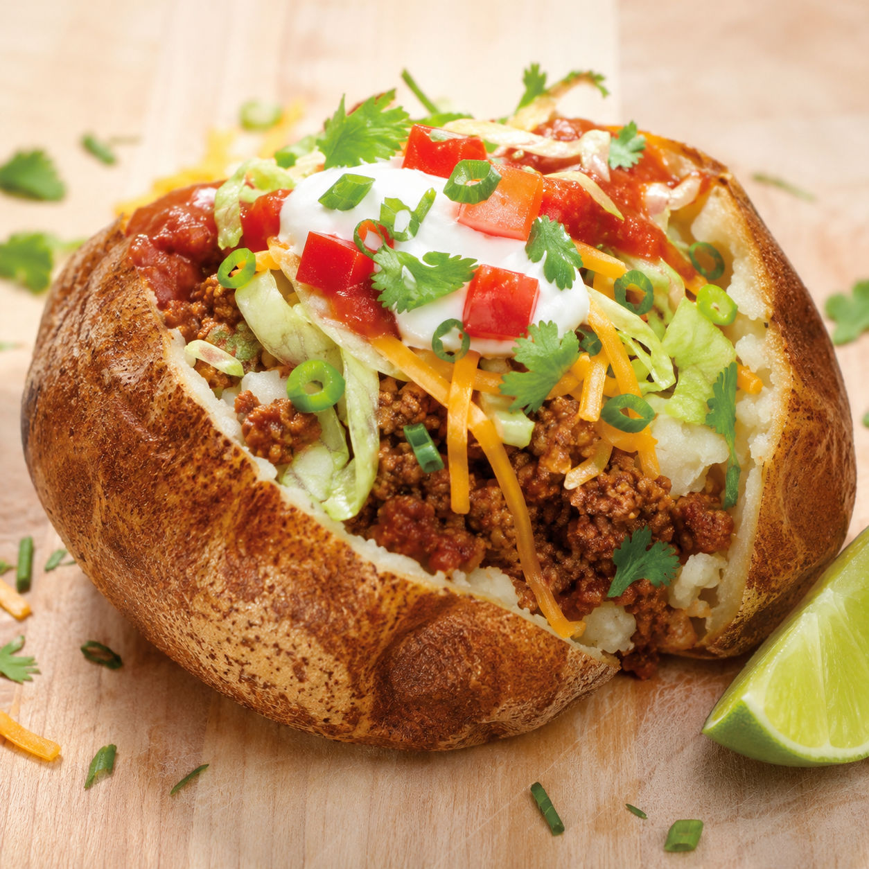 Taco Potatoes with beef, cheddar, sour cream, salsa, and lettuce
