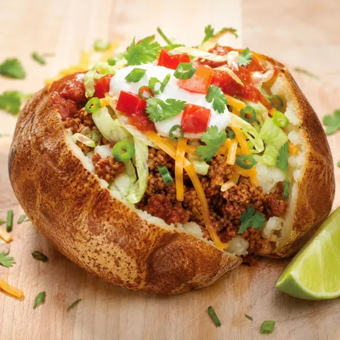 Taco Potatoes with beef, cheddar, sour cream, salsa, and lettuce
