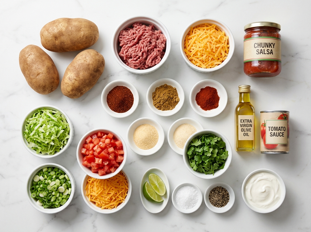 Ingredients for Taco Potatoes with russets, beef, cheese, salsa, and toppings