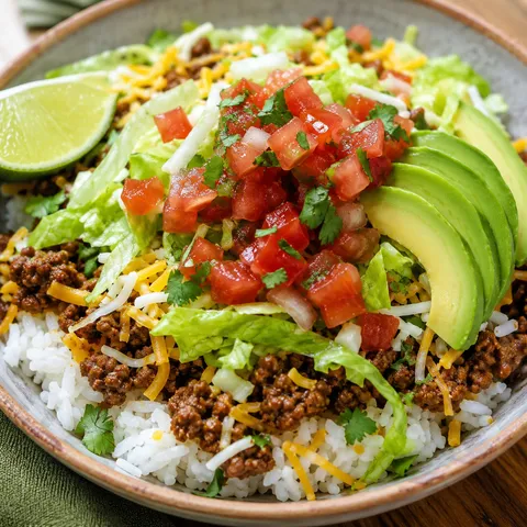 Taco rice bowl with seasoned beef, lettuce, tomato salsa, cheese, and avocado