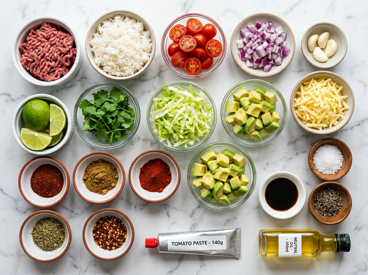 Ingredients for taco rice with beef, rice, lettuce, tomatoes, spices, and cheese