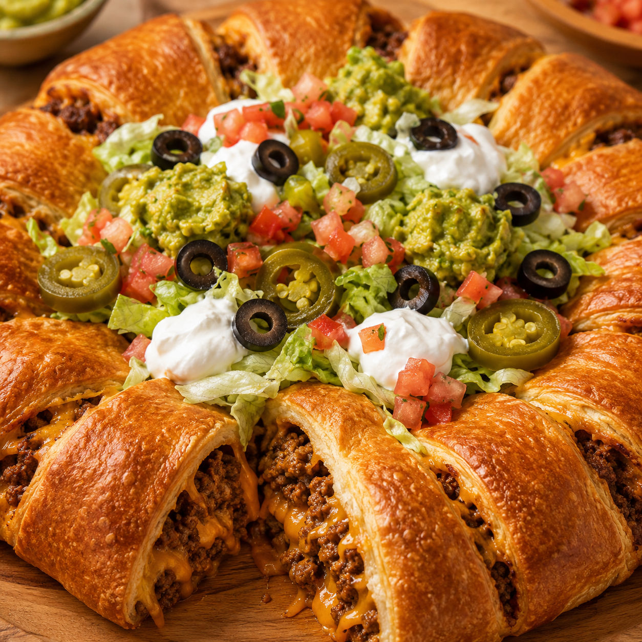 Golden Taco Ring with lettuce, pico, sour cream, and guacamole